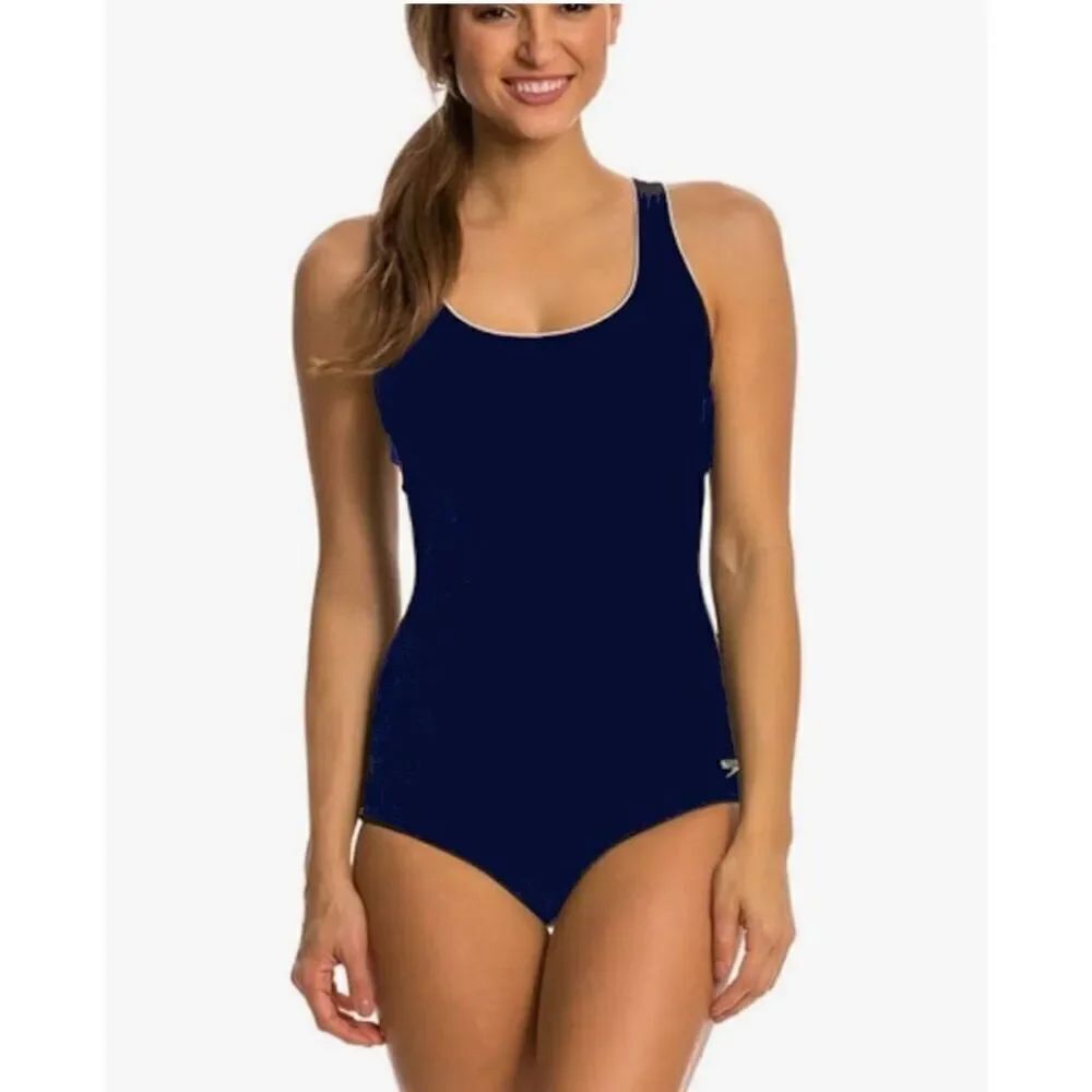 Speedo Women's Size L One Piece Swimsuit Dark Blue Sporty Keyhole Racerback